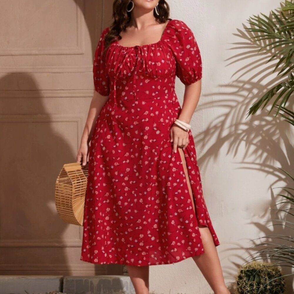 SHEIN VCAY Plus Size Boho Ditsy Floral Tie Front Shirred Split Hem Dress